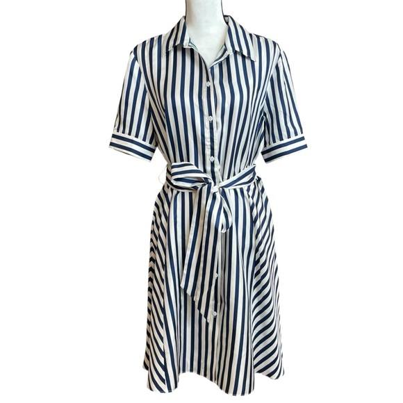 LilySilk Scarlet Silk Short Sleeve Striped Shirt Dress Blue-White large - Picture 1 of 13